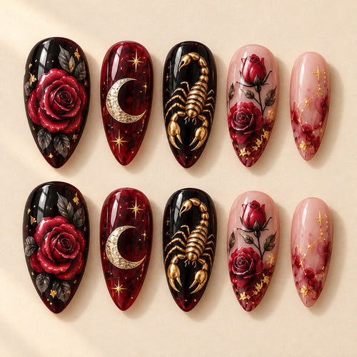 Ten Scorpio Velvet Sting painted nail designs in two rows