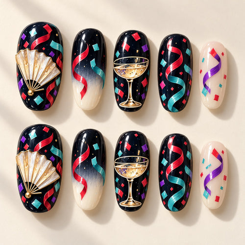 Confetti Nocturne hand-painted press-on nails — full ten-nail set