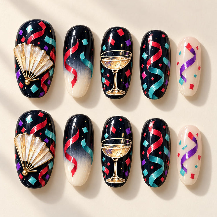 Confetti Nocturne hand-painted press-on nails — full ten-nail set