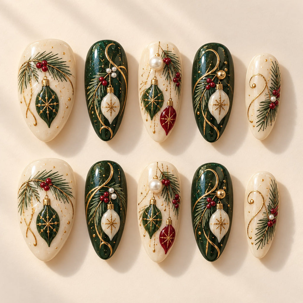 Heirloom Scrollwork hand-painted press-on nails — full ten-nail set