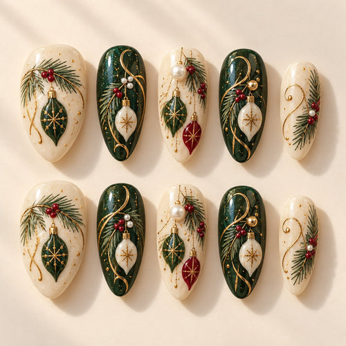 Heirloom Scrollwork hand-painted press-on nails — full ten-nail set