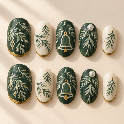 Evergreen Bell Silhouette complete set of ten hand-painted Christmas press-on nails