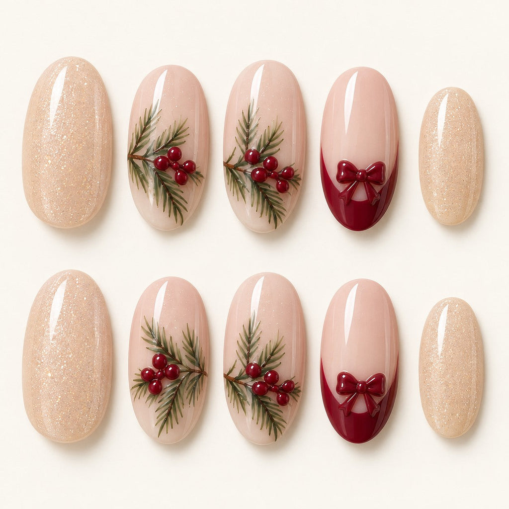 Winter Pine & Berry Hand-Painted Press-On Nails