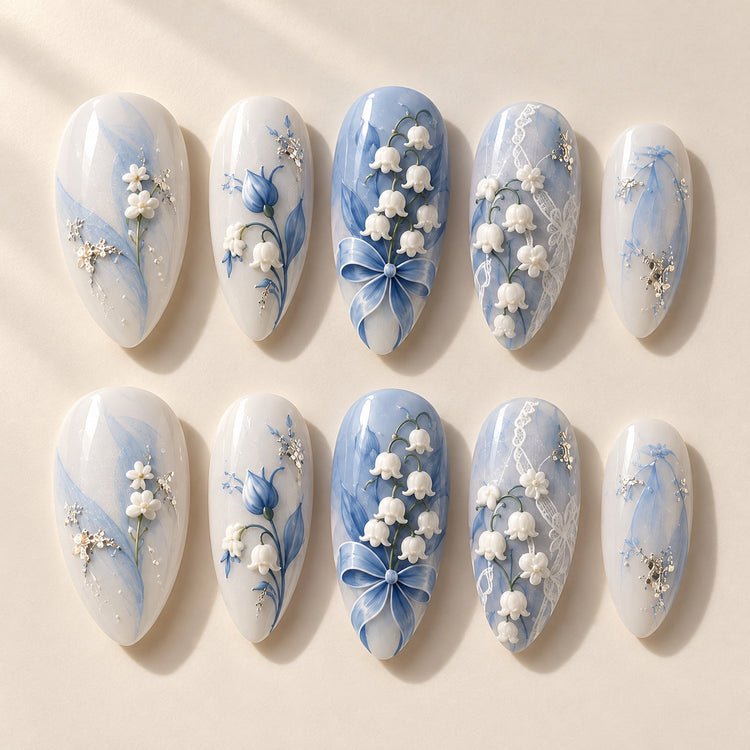 Blue Hour Veil hand-painted press-on nails — full ten-nail design set. Design preview.