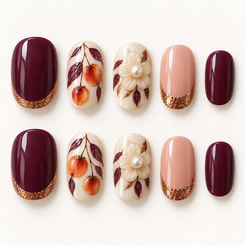 Persimmon Poise Hand-Painted Press-On Nails — full 10-nail set, AI design preview