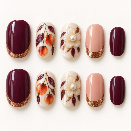 Persimmon Poise Hand-Painted Press-On Nails — full 10-nail set, AI design preview