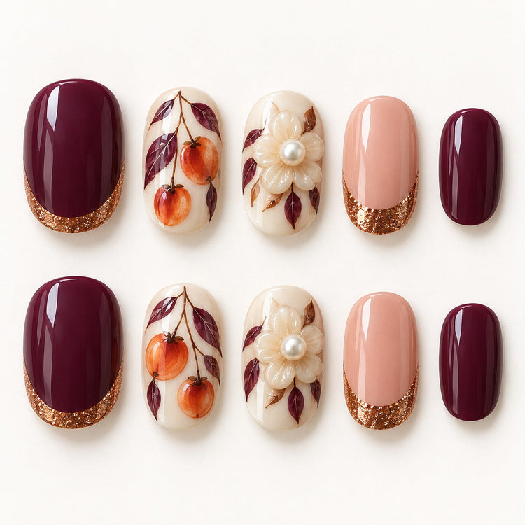 Persimmon Poise Hand-Painted Press-On Nails — full 10-nail set, AI design preview