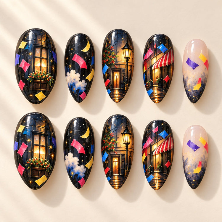 Confetti Avenue hand-painted press-on nails — full ten-nail set