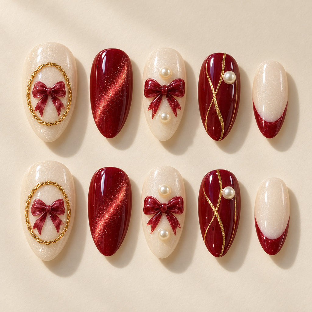 Golden Cameo hand-painted press-on nails — full ten-nail design set. Design preview.