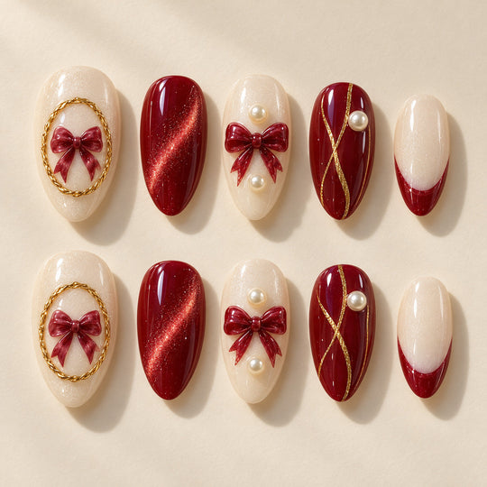 Golden Cameo hand-painted press-on nails — full ten-nail design set. Design preview.