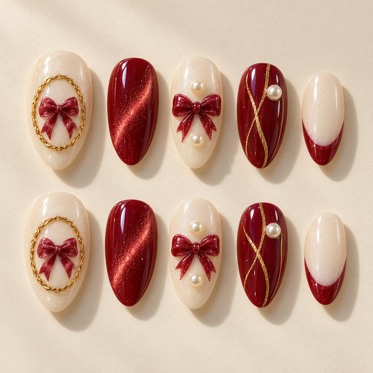 Golden Cameo hand-painted press-on nails — full ten-nail design set. Design preview.