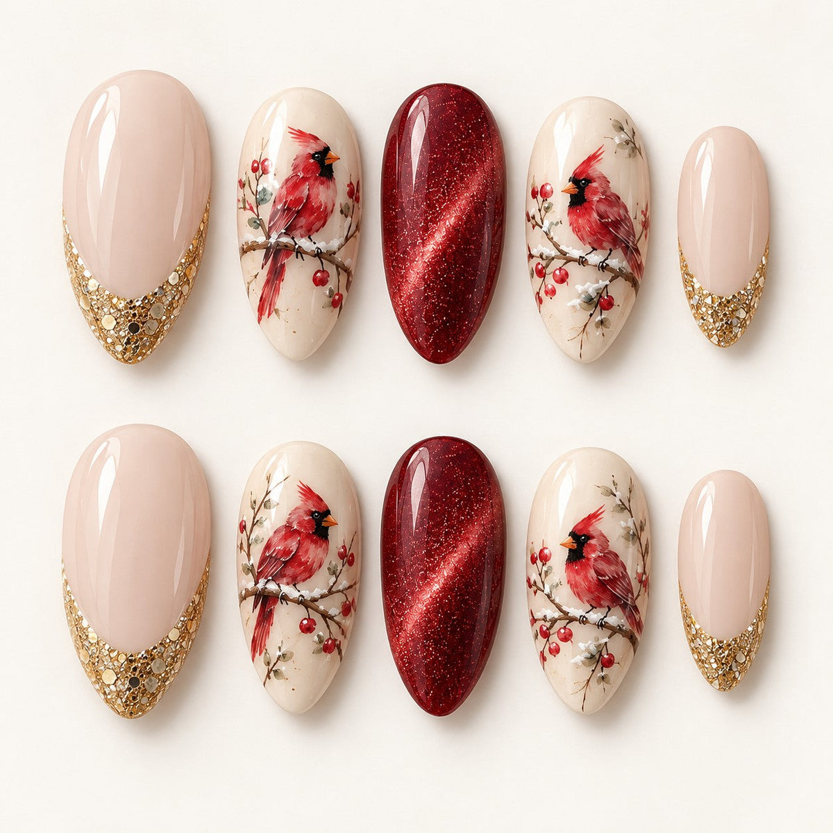Cardinal in the Snow Hand-Painted Press-On Nails