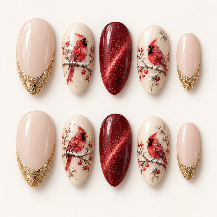 Full set of Cardinal in the Snow Hand-Painted Press-On Nails