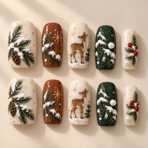 Full ten-nail Snowy Fawn and Pine set with fawn, snowy pine and berry details