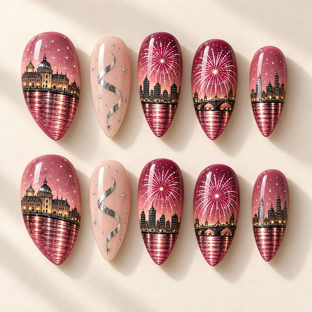 Rose Afterglow hand-painted press-on nails — full ten-nail set