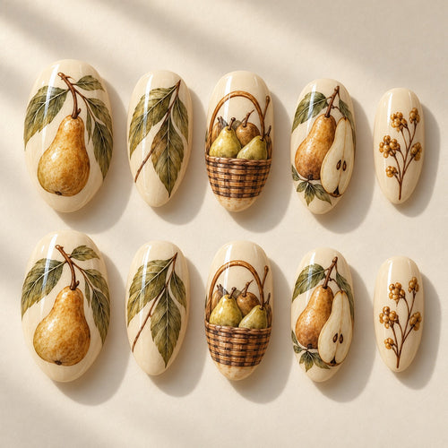 Pear Reverie hand-painted press-on nails — full ten-nail set