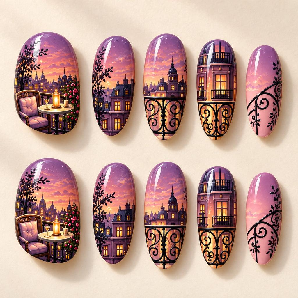 Balcony Hour hand-painted press-on nails — full ten-nail set