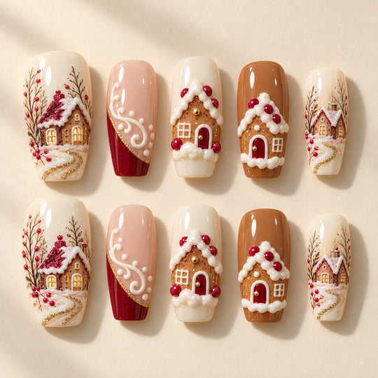 Gingerbread Village I full set of 10 hand-painted nails