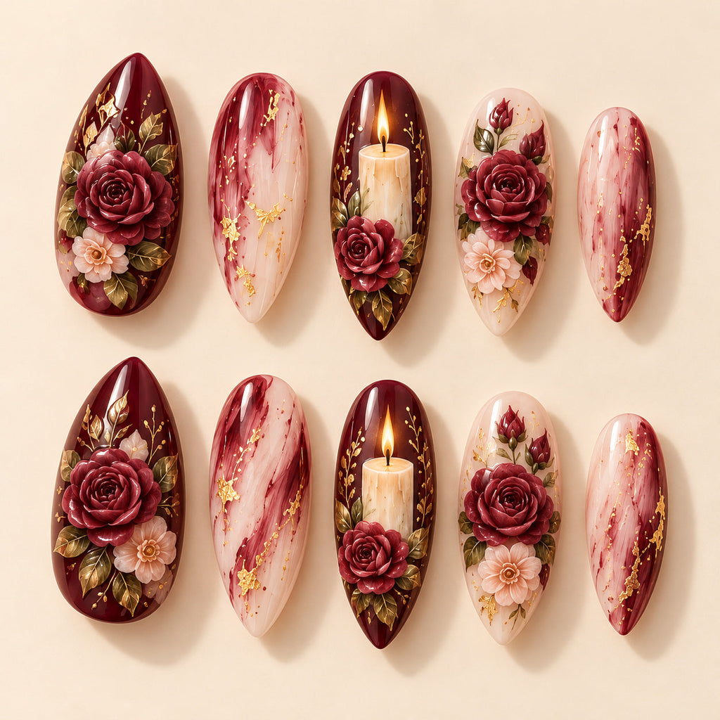 Candlelit Promise hand-painted press-on nails — full ten-nail design set. Design preview.