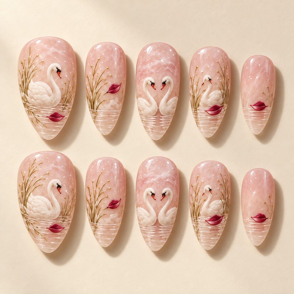 Winter Swans hand-painted press-on nails — full ten-nail set