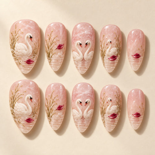 Winter Swans hand-painted press-on nails — full ten-nail set