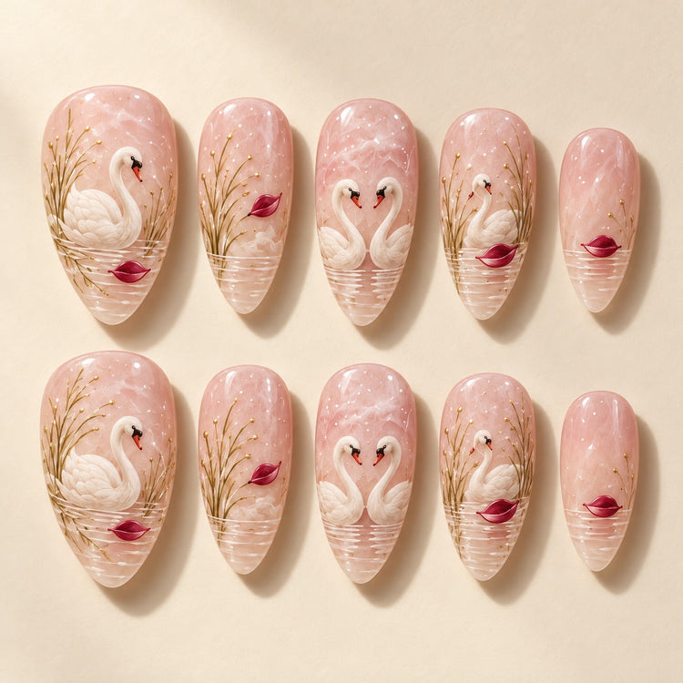 Winter Swans hand-painted press-on nails — full ten-nail set