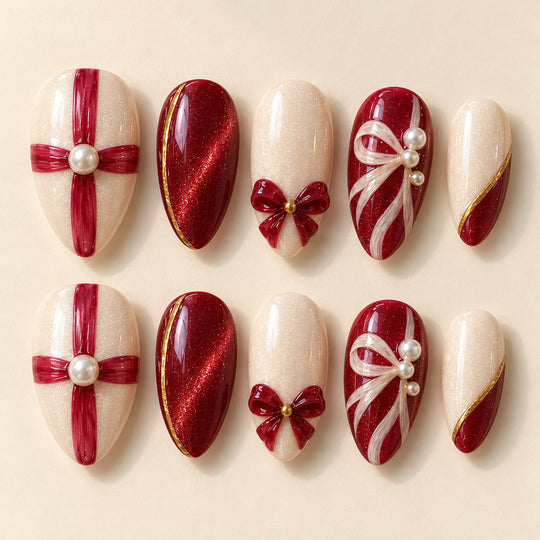 Giftwrap Crossing hand-painted press-on nails — full ten-nail design set. Design preview.