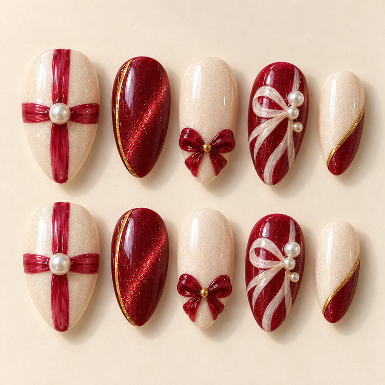 Giftwrap Crossing hand-painted press-on nails — full ten-nail design set. Design preview.