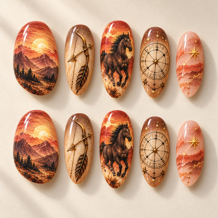 Ten Sagittarius Ember Rider painted nail designs in two rows
