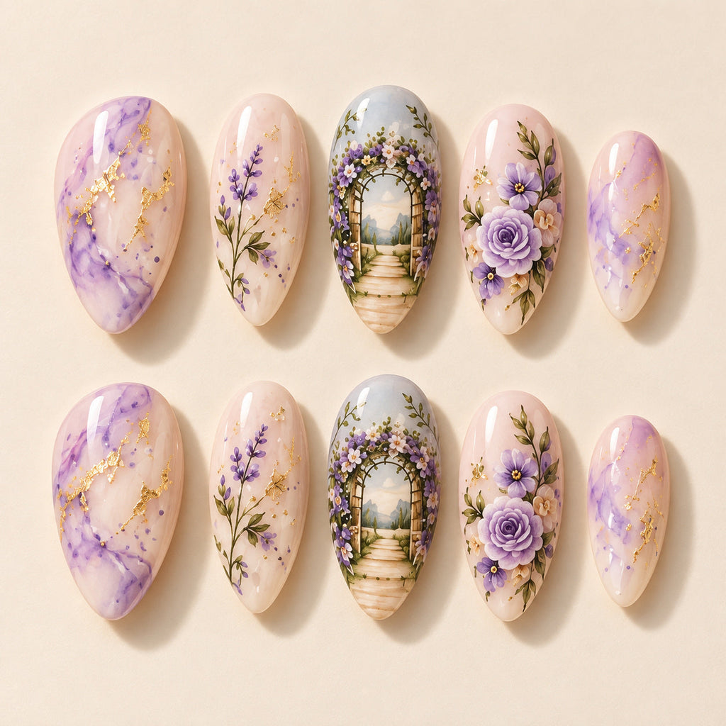 Garden Vows hand-painted press-on nails — full ten-nail design set. Design preview.