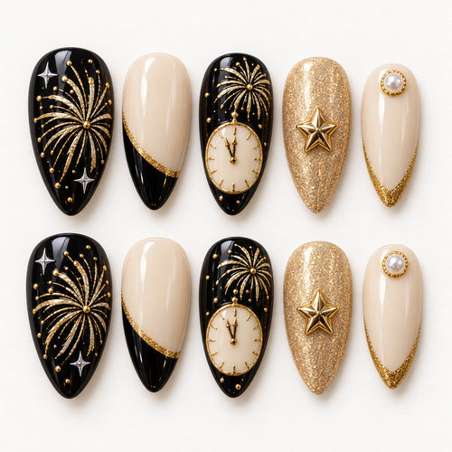 Champagne Stars Hand-Painted Press-On Nails — full 10-nail set, AI design preview