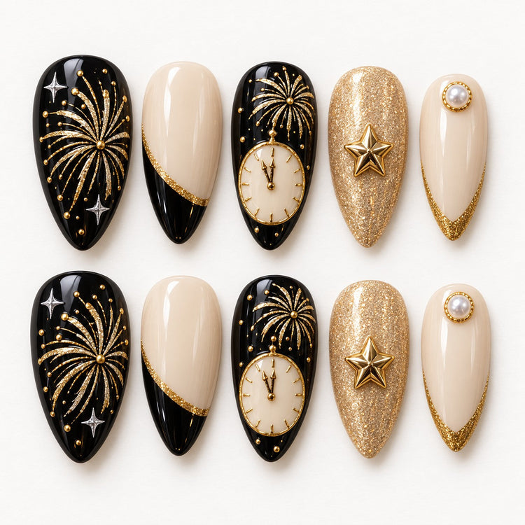 Champagne Stars Hand-Painted Press-On Nails — full 10-nail set, AI design preview