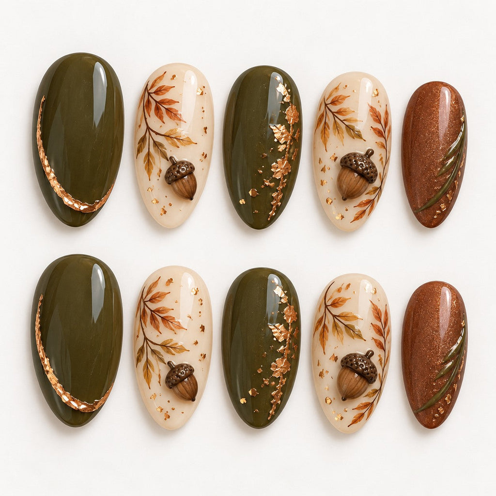 Rustic Acorn Folk Hand-Painted Press-On Nails — full 10-nail set