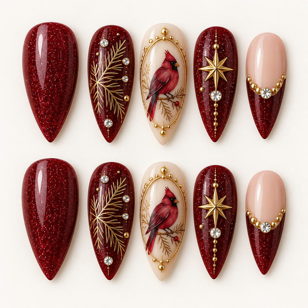 Full set of Burgundy Nocturne Hand-Painted Press-On Nails