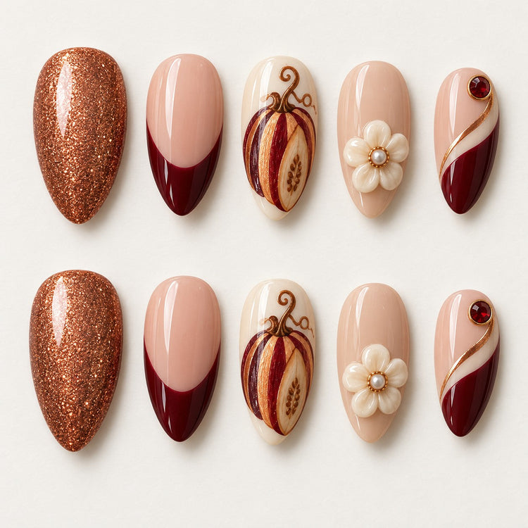 Heirloom Slice Hand-Painted Press-On Nails — full 10-nail set, AI design preview