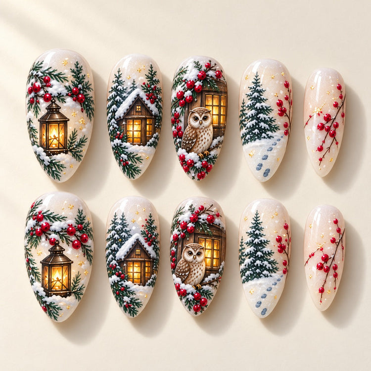 Owl Berry Watch hand-painted press-on nails — full ten-nail set