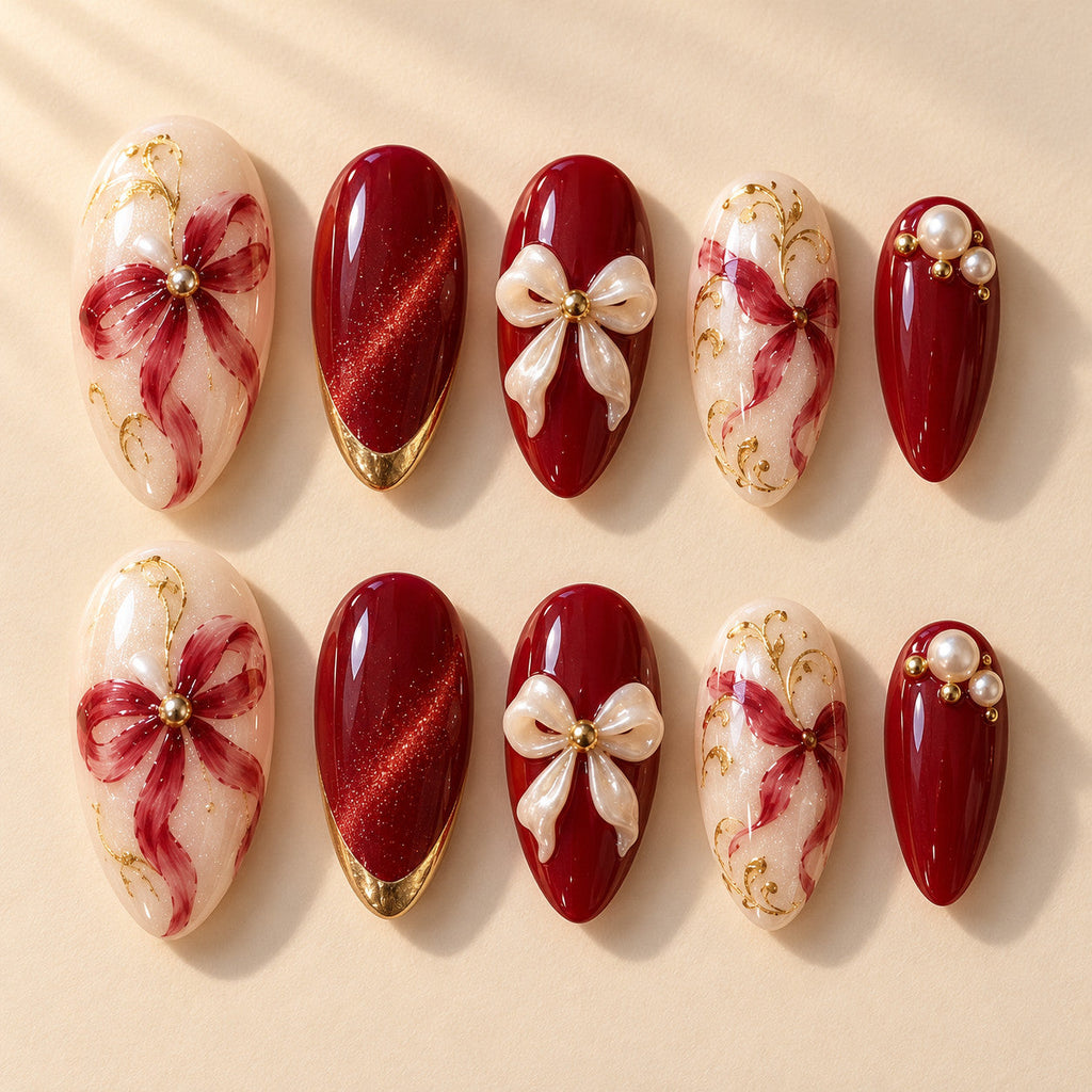 Gilded Knot hand-painted press-on nails — full ten-nail design set. Design preview.