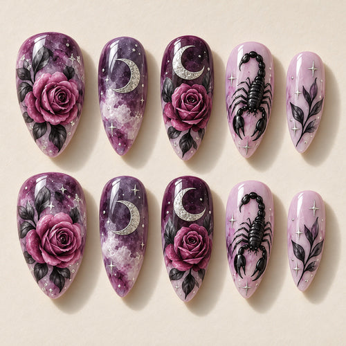 Ten Scorpio Lunar Bloom painted nail designs in two rows