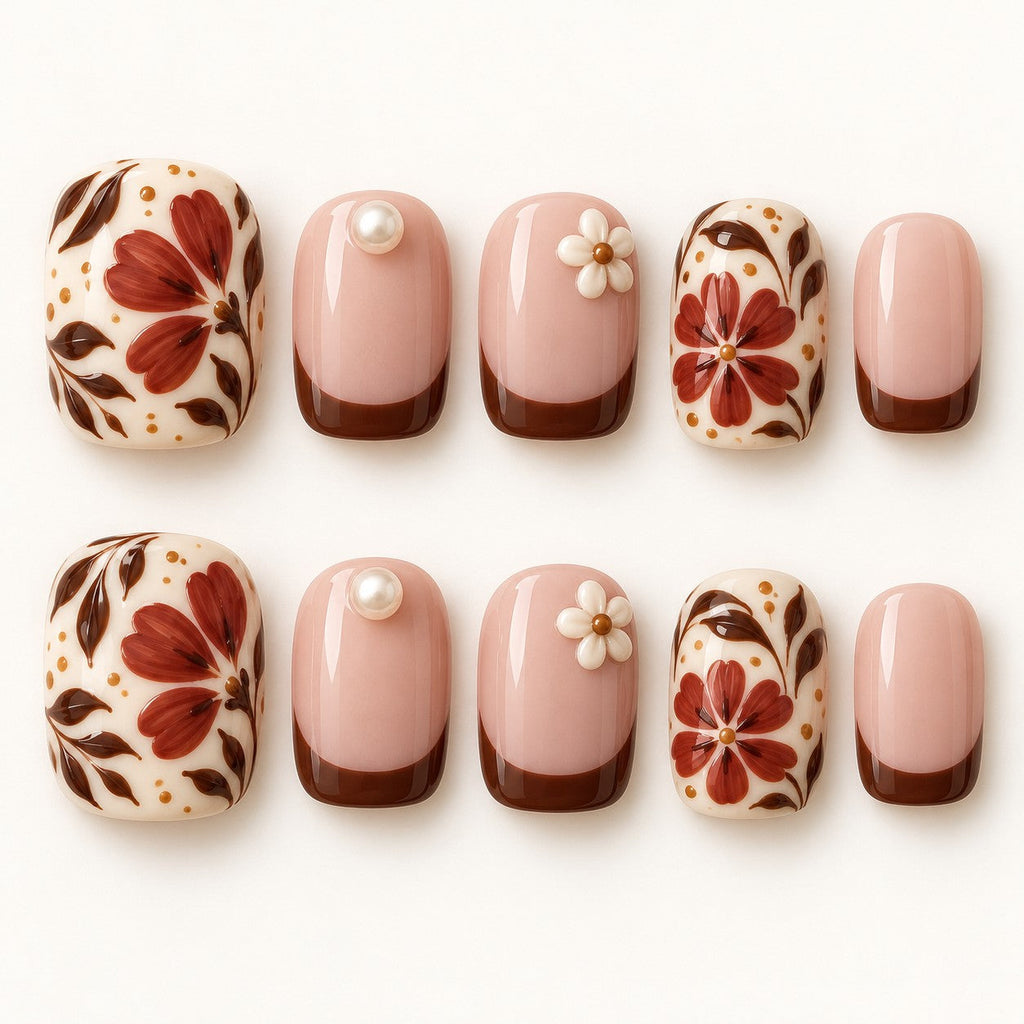 Earthen Floral Tile Hand-Painted Press-On Nails — full 10-nail set, AI design preview