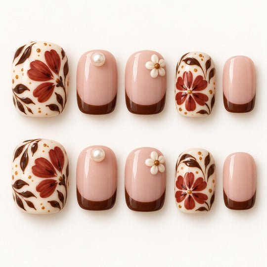 Earthen Floral Tile Hand-Painted Press-On Nails — full 10-nail set, AI design preview