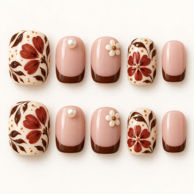 Earthen Floral Tile Hand-Painted Press-On Nails — full 10-nail set, AI design preview