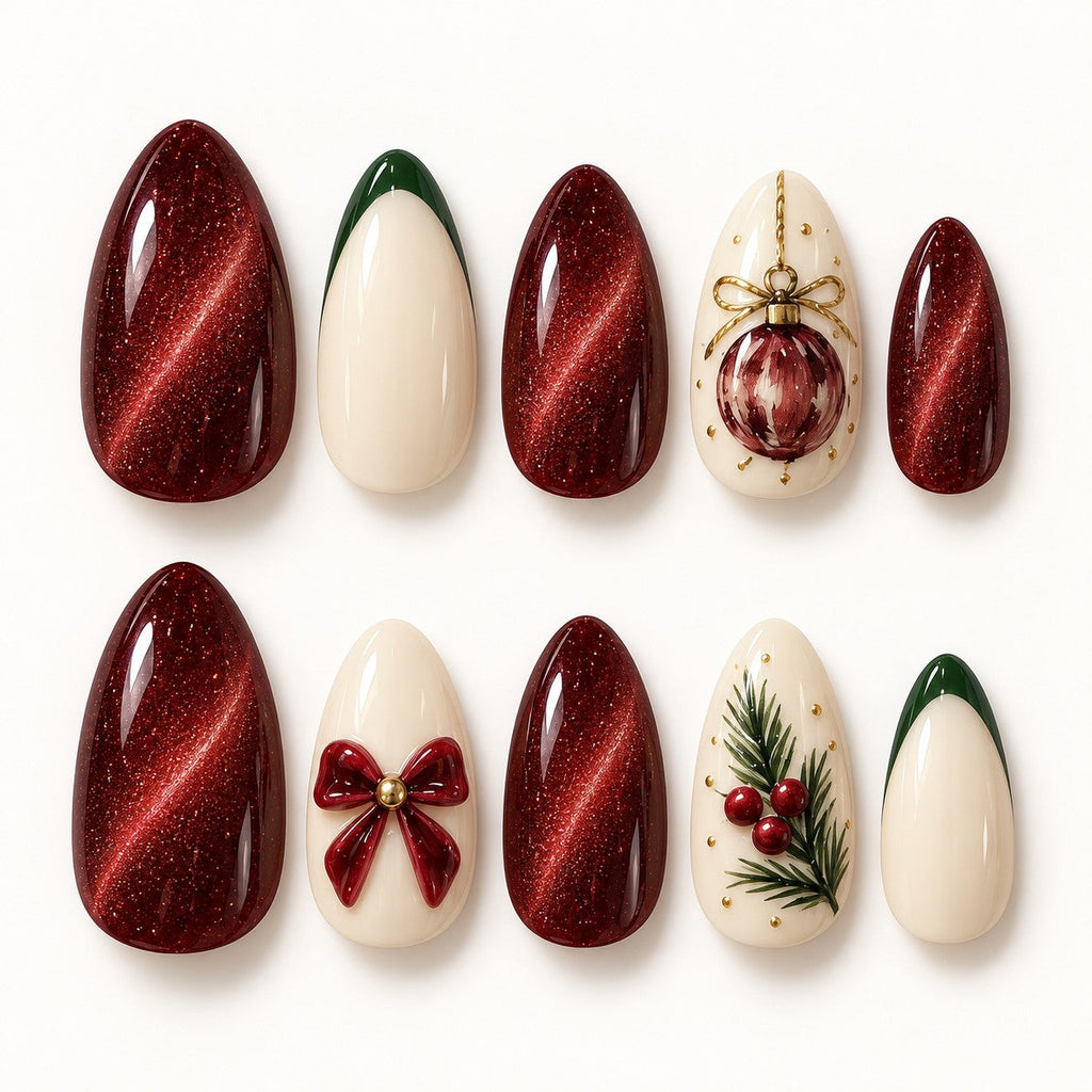 Christmas Heirloom Mix Hand-Painted Press-On Nails — full 10-nail set, AI design preview