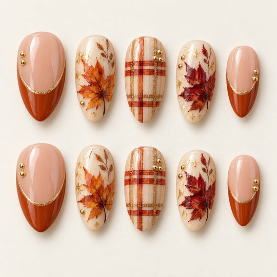 Thanksgiving Maple Plaid Hand-Painted Press-On Nails — full 10-nail set