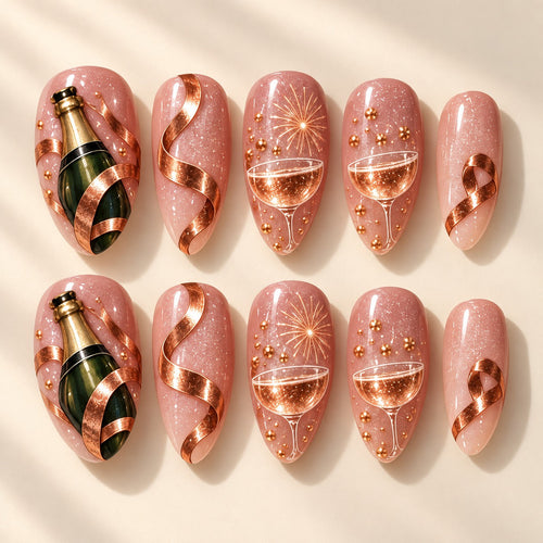 Copper Afterglow hand-painted press-on nails — full ten-nail set