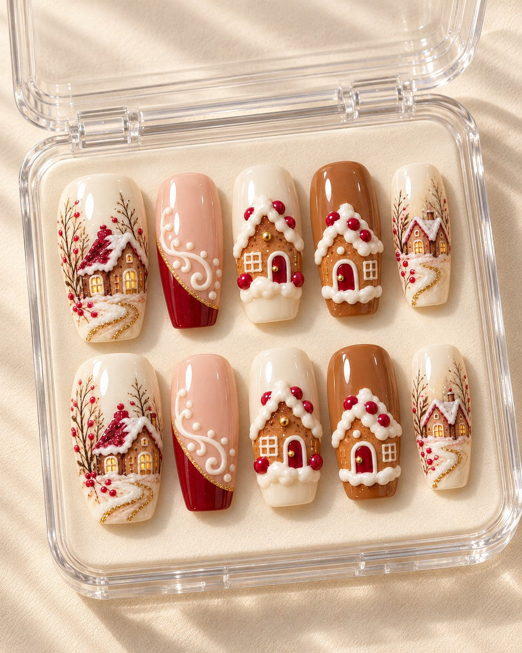 Gingerbread Village I 10-piece nail set in clear case