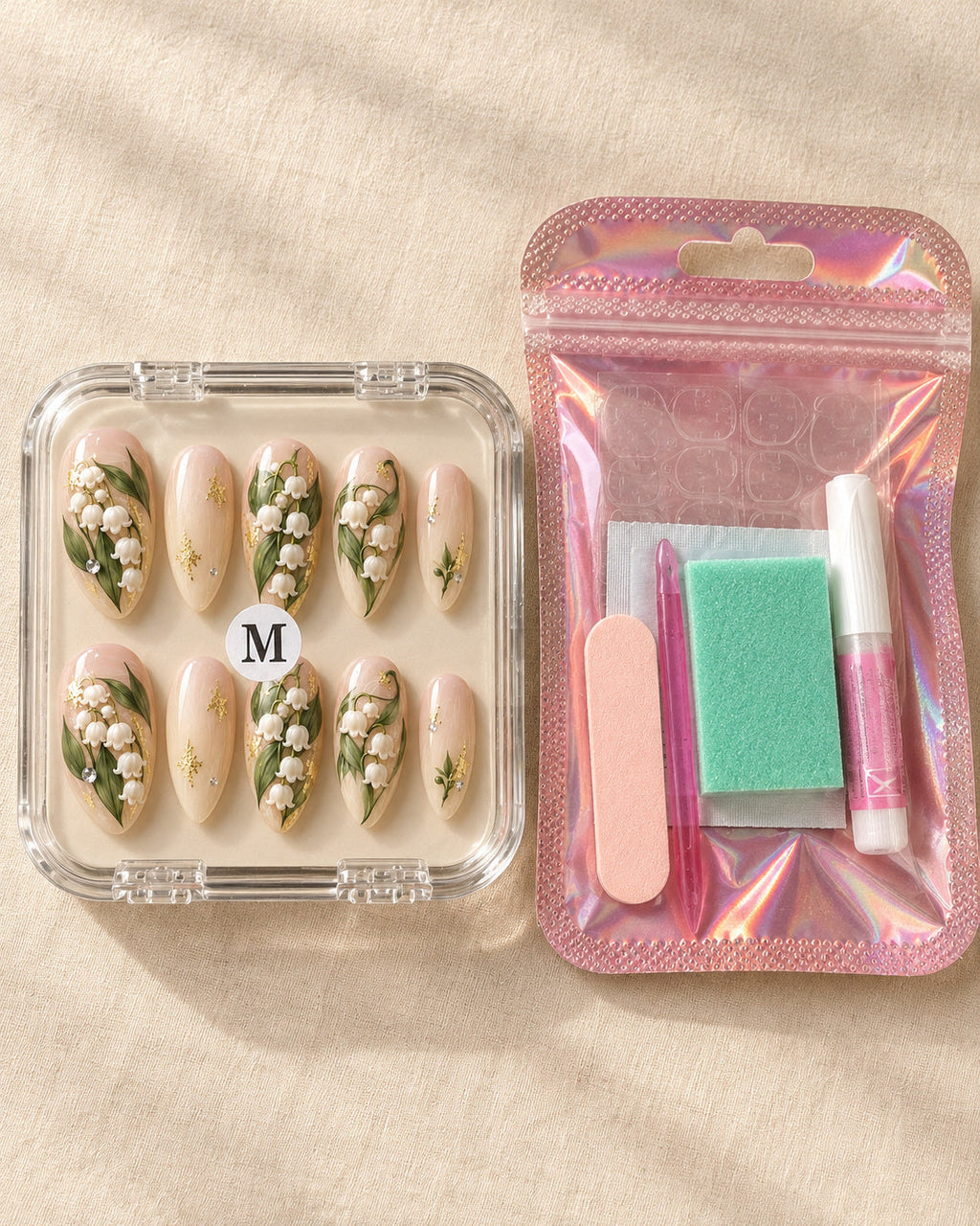 Lily Reverie hand-painted press-on nails — in clear case beside application kit. Design preview.