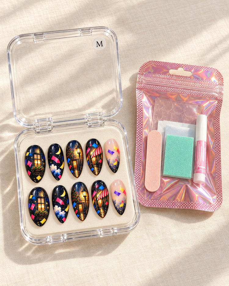 Confetti Avenue hand-painted press-on nails — packaging with nail set
