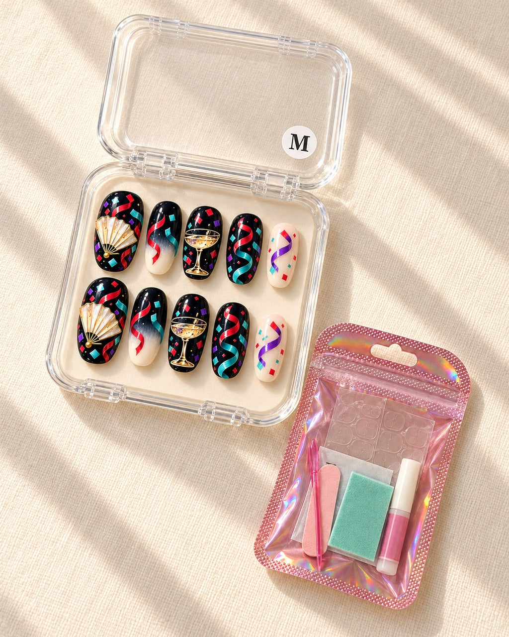 Confetti Nocturne hand-painted press-on nails — packaging preview