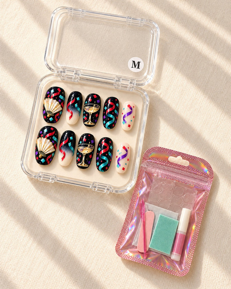 Confetti Nocturne hand-painted press-on nails — packaging preview