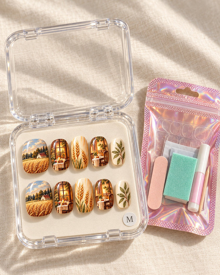Supper Window hand-painted press-on nails — packaging with nail set